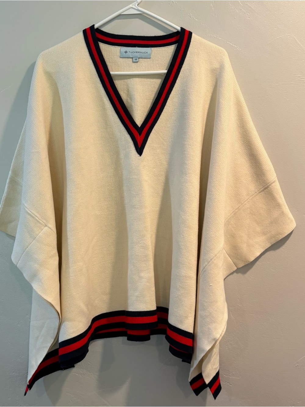 Tuckernuck Sweater Poncho with Navy and Red Stripe Trim
